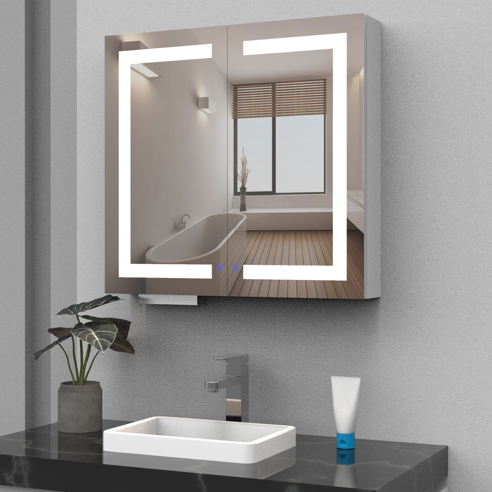 LED Double Door Mirror Cabinet with Tissue Dispenser and Automatic Soap Dispenser - Image 3