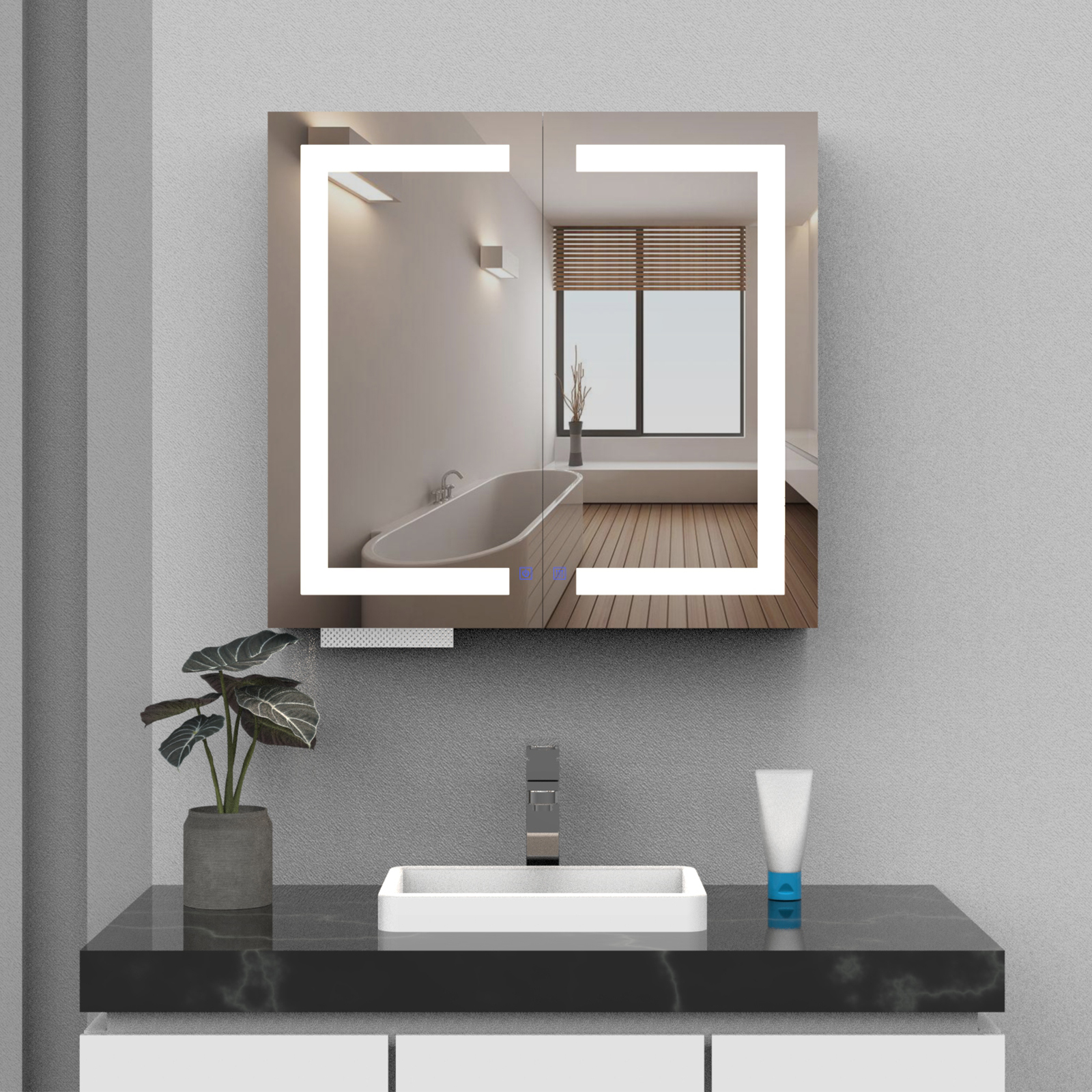 LED Double Door Mirror Cabinet with Tissue Dispenser and Automatic Soap Dispenser - Image 5