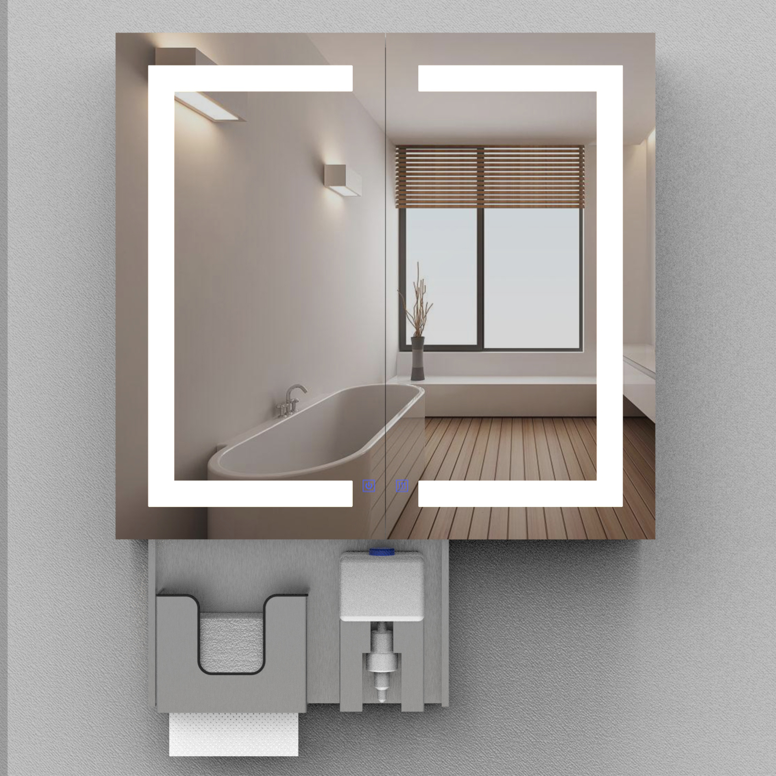 LED Double Door Mirror Cabinet with Tissue Dispenser and Automatic Soap Dispenser - Image 6