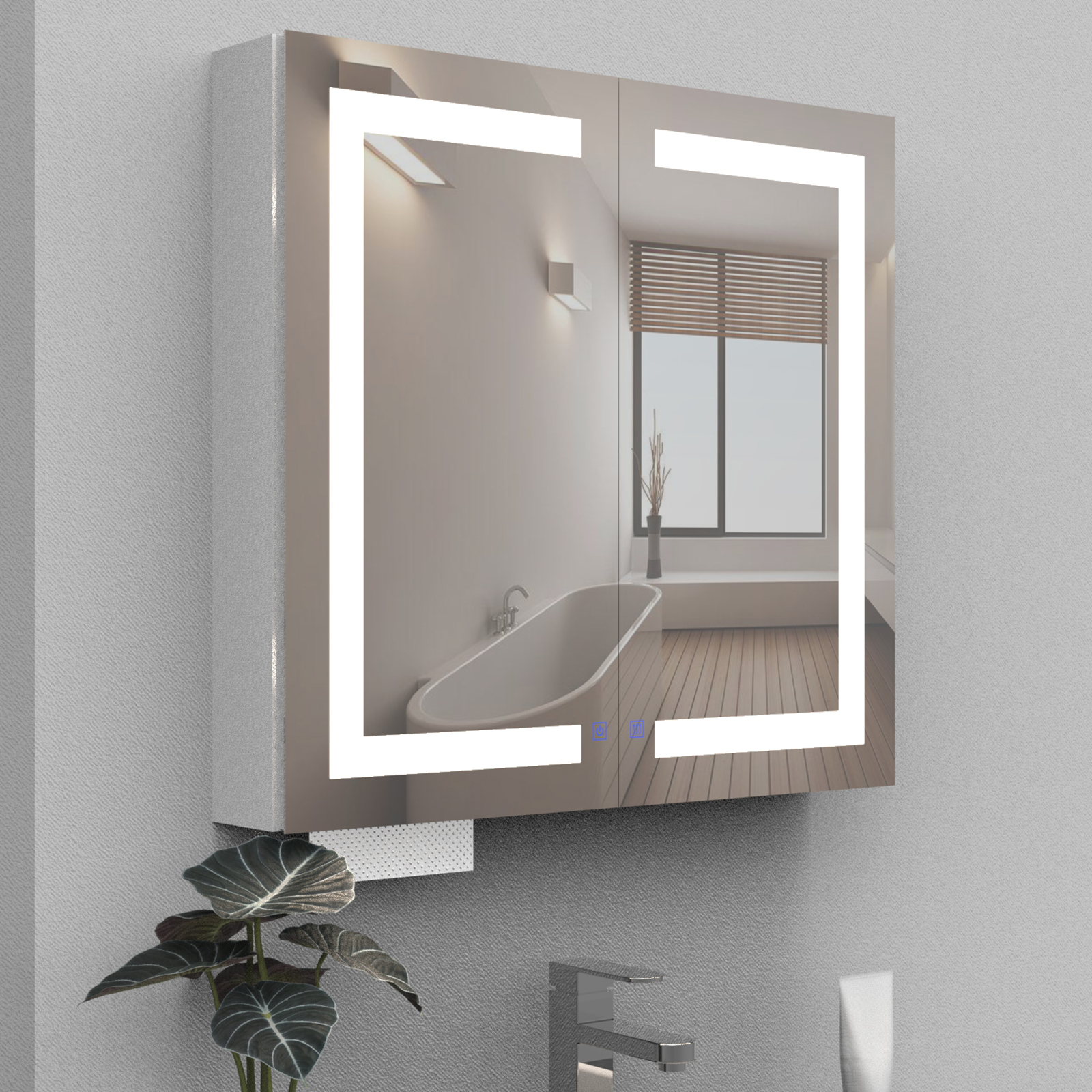 LED Double Door Mirror Cabinet with Tissue Dispenser and Automatic Soap Dispenser